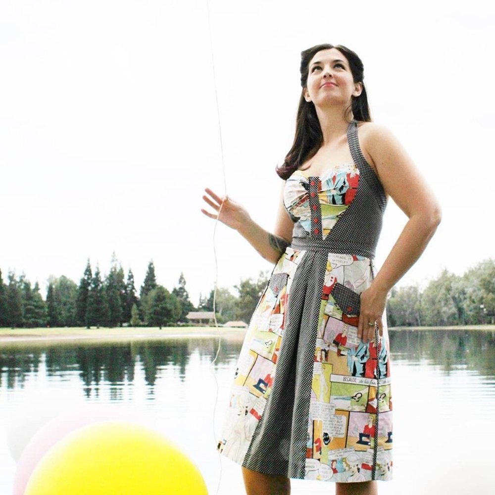 PerfectPear Pocketed Comic print Halter Dress
